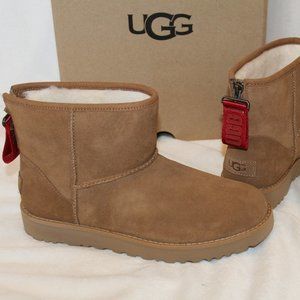 NIB UGG WOMEN'S CLASSIC MINI ZIP SUEDE SHEARLING BOOTIE BOOTS CHESTNUT